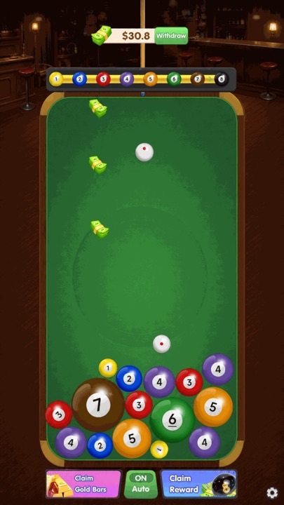 Pool table mid-merge with cash pickups